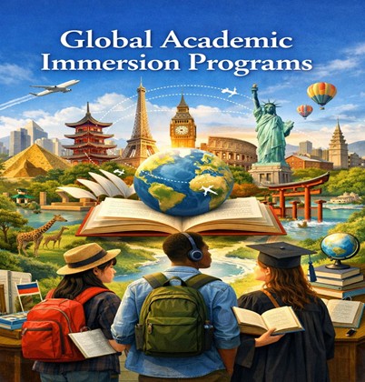 Global Academic Immersion Program showing world landmarks and students