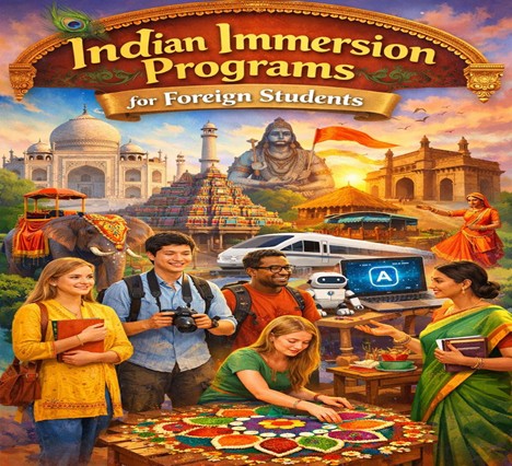 Foreign students in India exploring heritage sites and technology